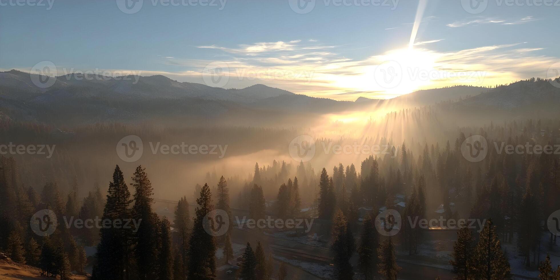 Sunrise Over Foggy Mountains Winter Forest Landscape photo