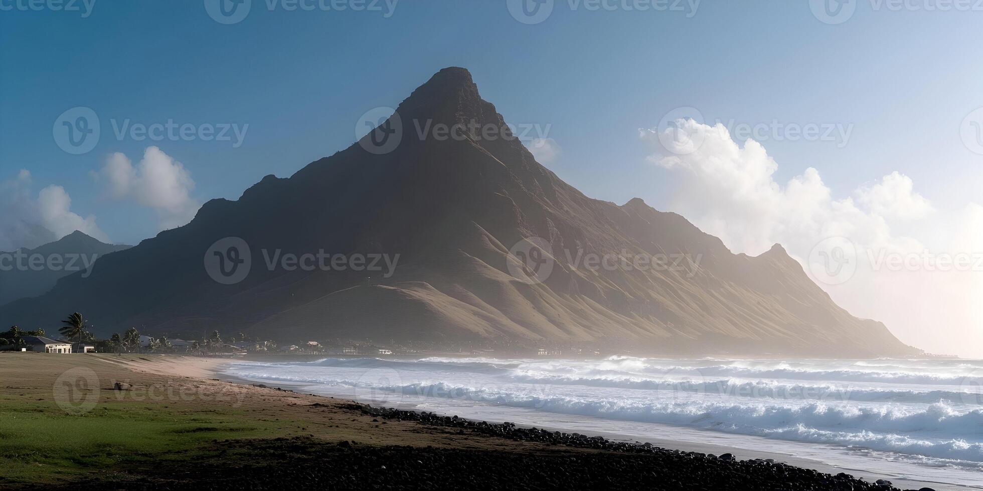 Dramatic Mountain Peak Ocean Beach Landscape Sunrise Scene photo