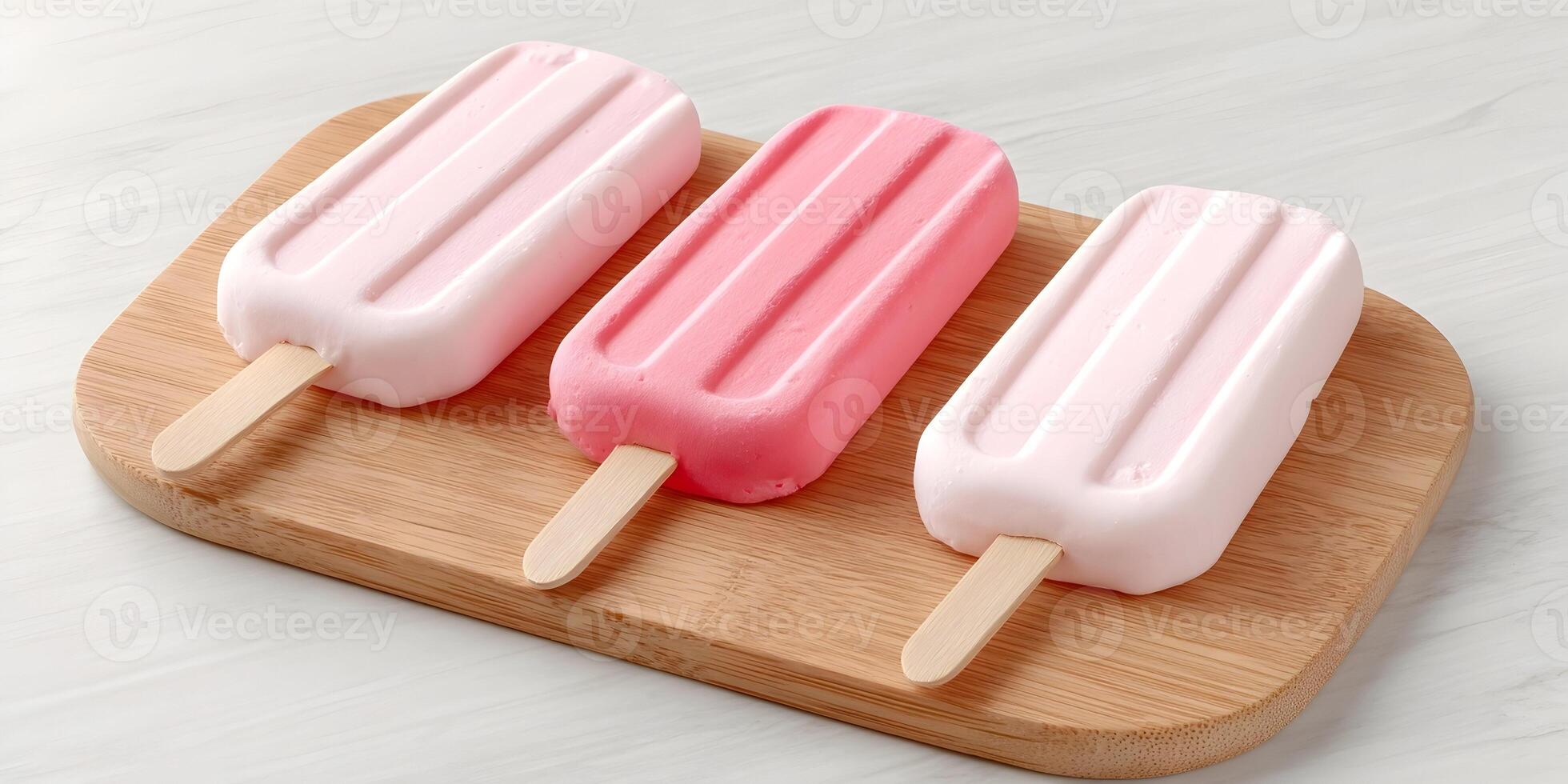 Three Pink Ice Cream Bars on Wooden Board Summer Dessert Treat photo