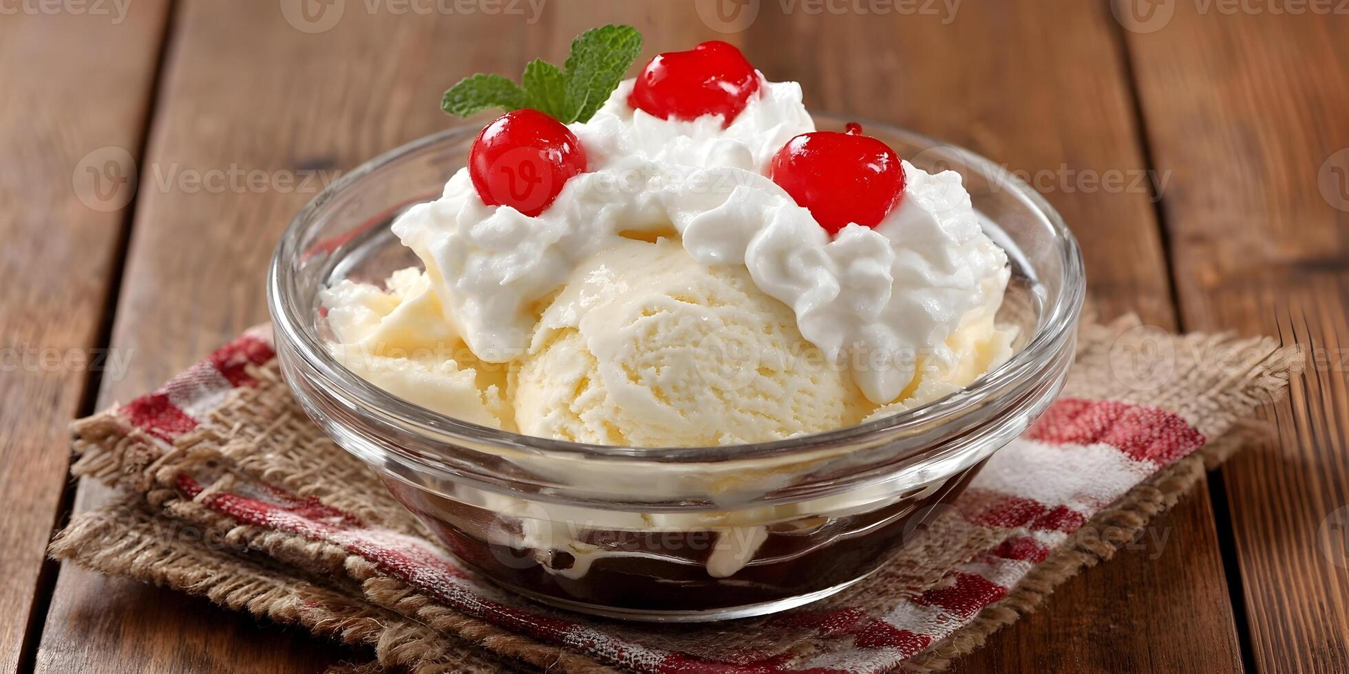 Vanilla Ice Cream Sundae with Whipped Cream Cherries and Chocolate Sauce photo