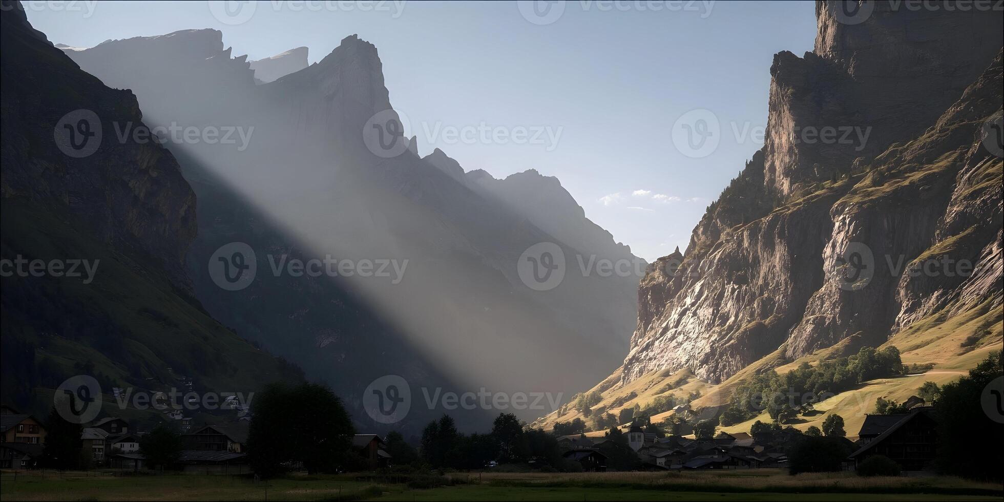 Sunlit Valley Mountain Village Scenic Landscape photo