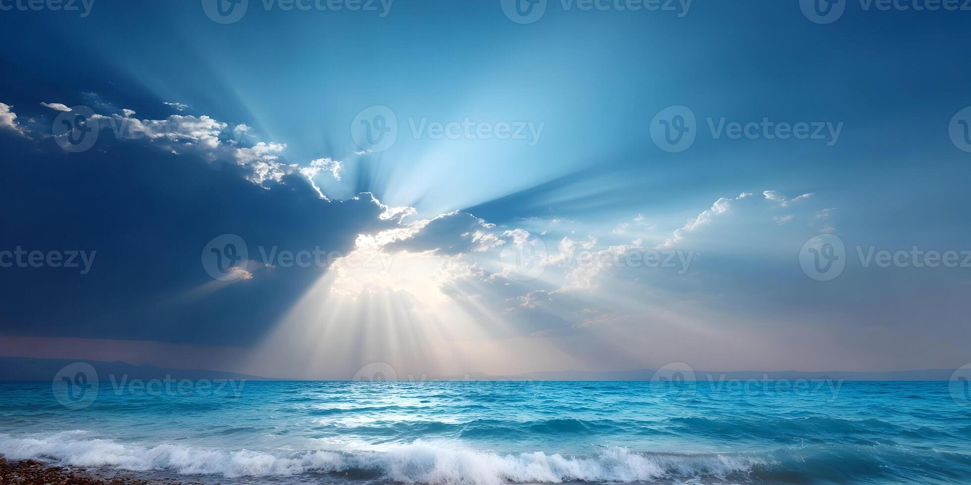 Ocean Seascape Sun Rays Breaking Through Clouds Bright Blue Water Beach photo