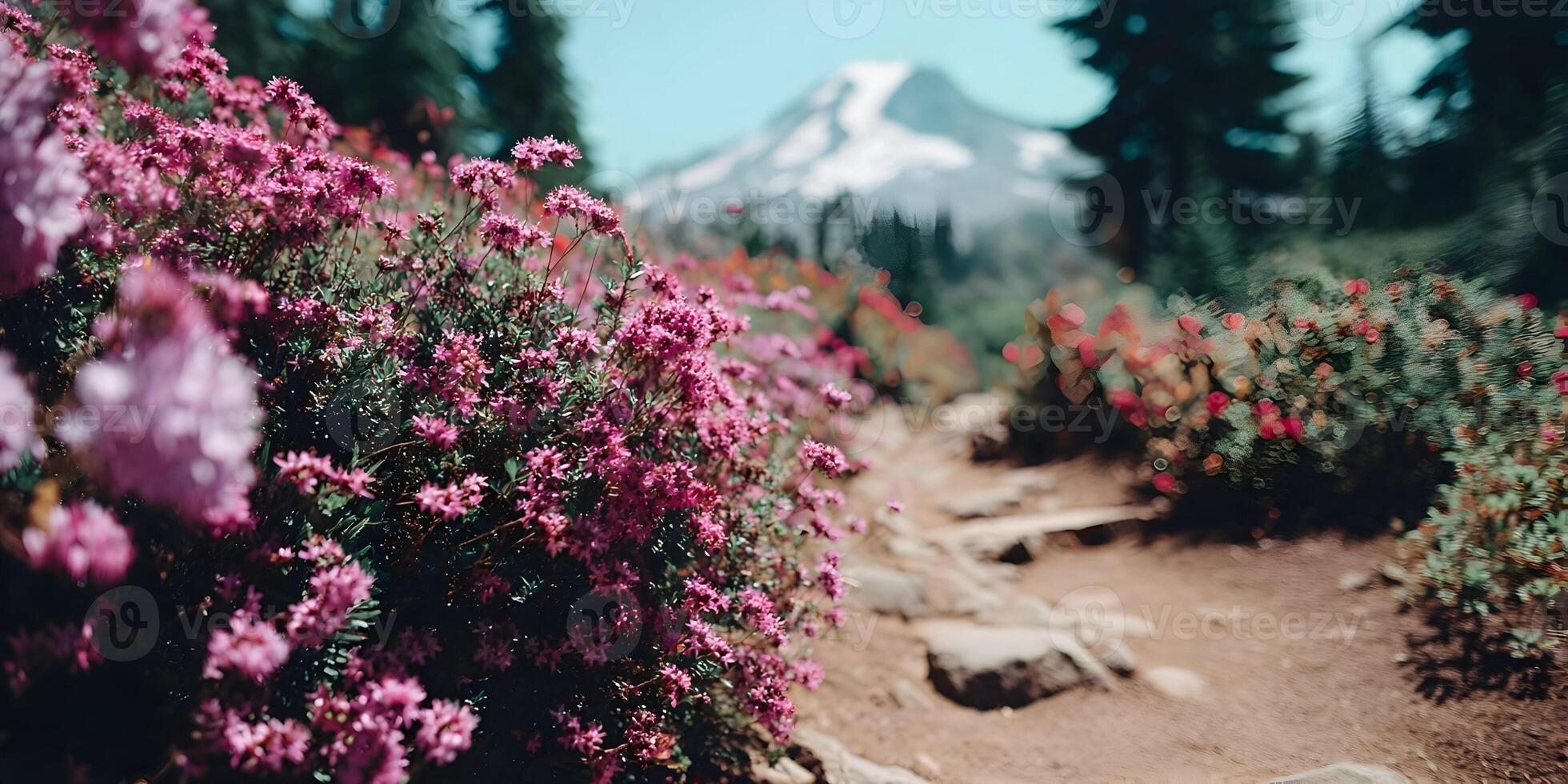 Mountain Trail Pink Flowers Blooming Landscape Photography photo