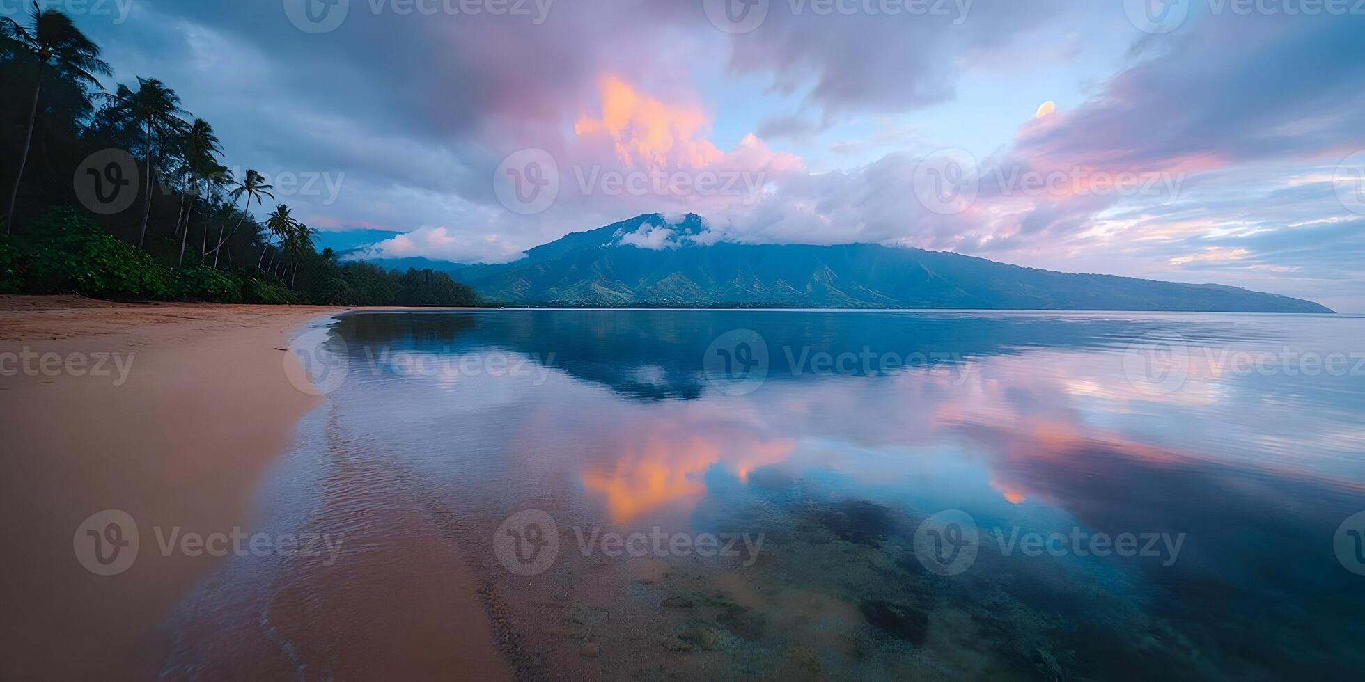 Tropical Beach Sunrise Calm Ocean Mountains Reflection Palms photo