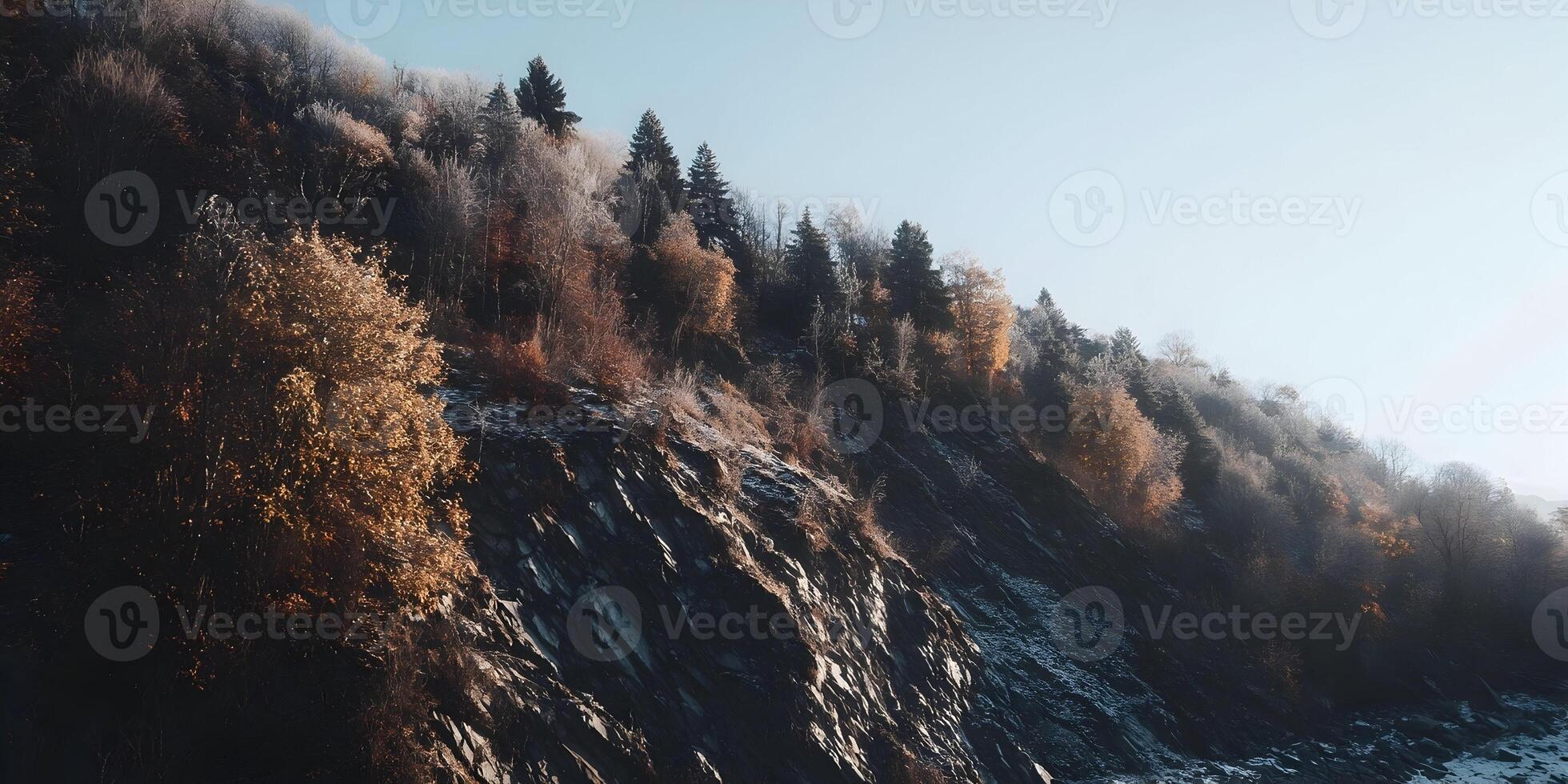 Autumn Mountainside Cliffside Trees Snow Landscape Nature Scenery photo