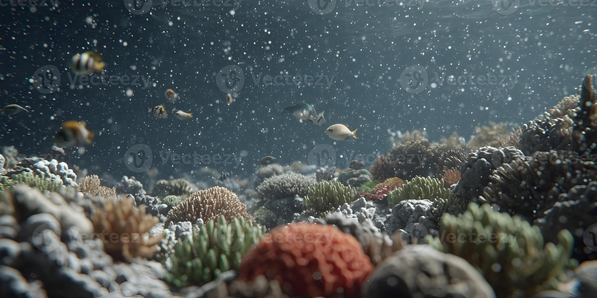 Underwater Coral Reef Scene with Fish Colorful Corals and Bubbles photo