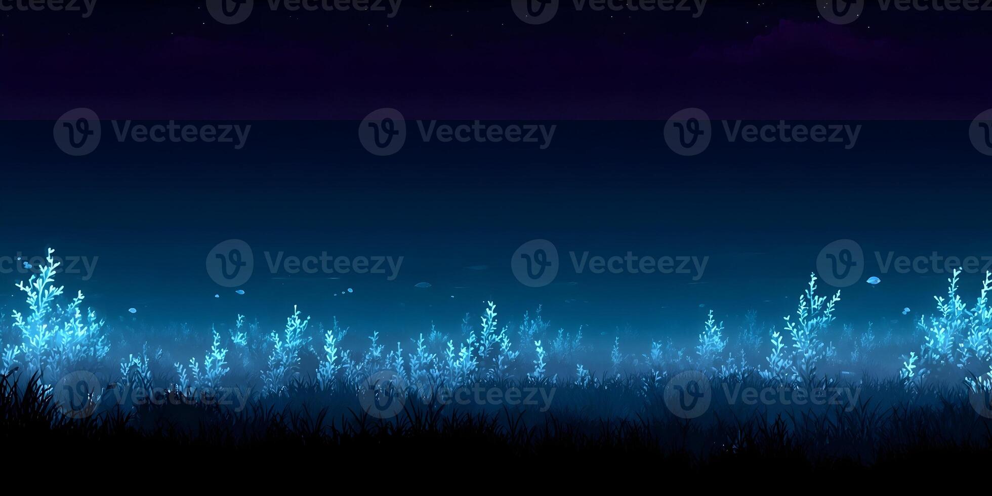 Glowing Underwater Plants Night Scene Dark Blue Ocean Calm Water Surface Stars photo