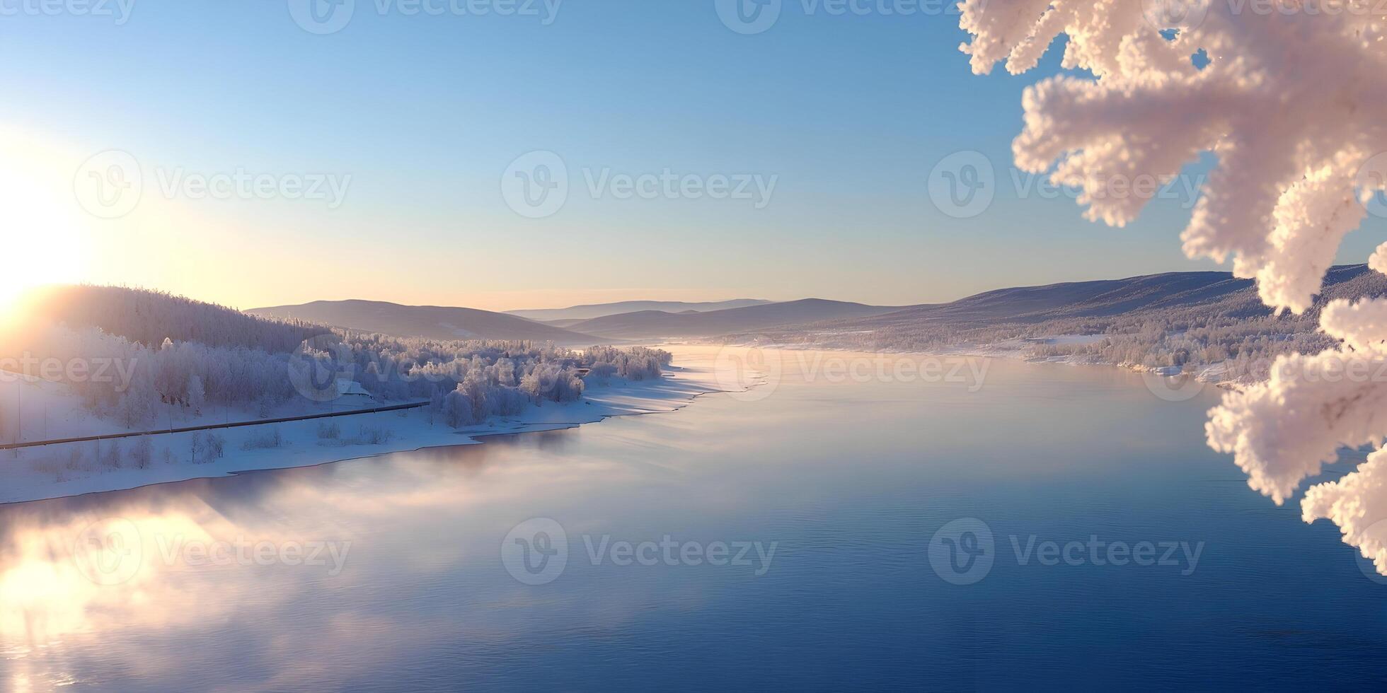 Winter Sunrise River Landscape Snow Covered Trees Frozen River Banks Scenic View photo