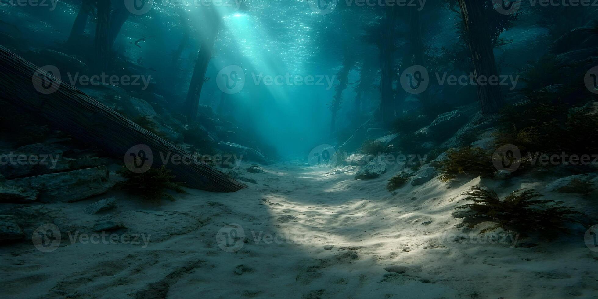 Underwater Forest Scene Sunbeams Sandy Path Submerged Trees Aquatic Plants Rocks photo