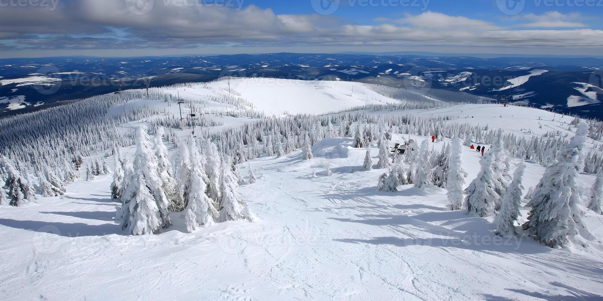 Snow Covered Mountain Ski Resort Winter Landscape Pine Trees photo