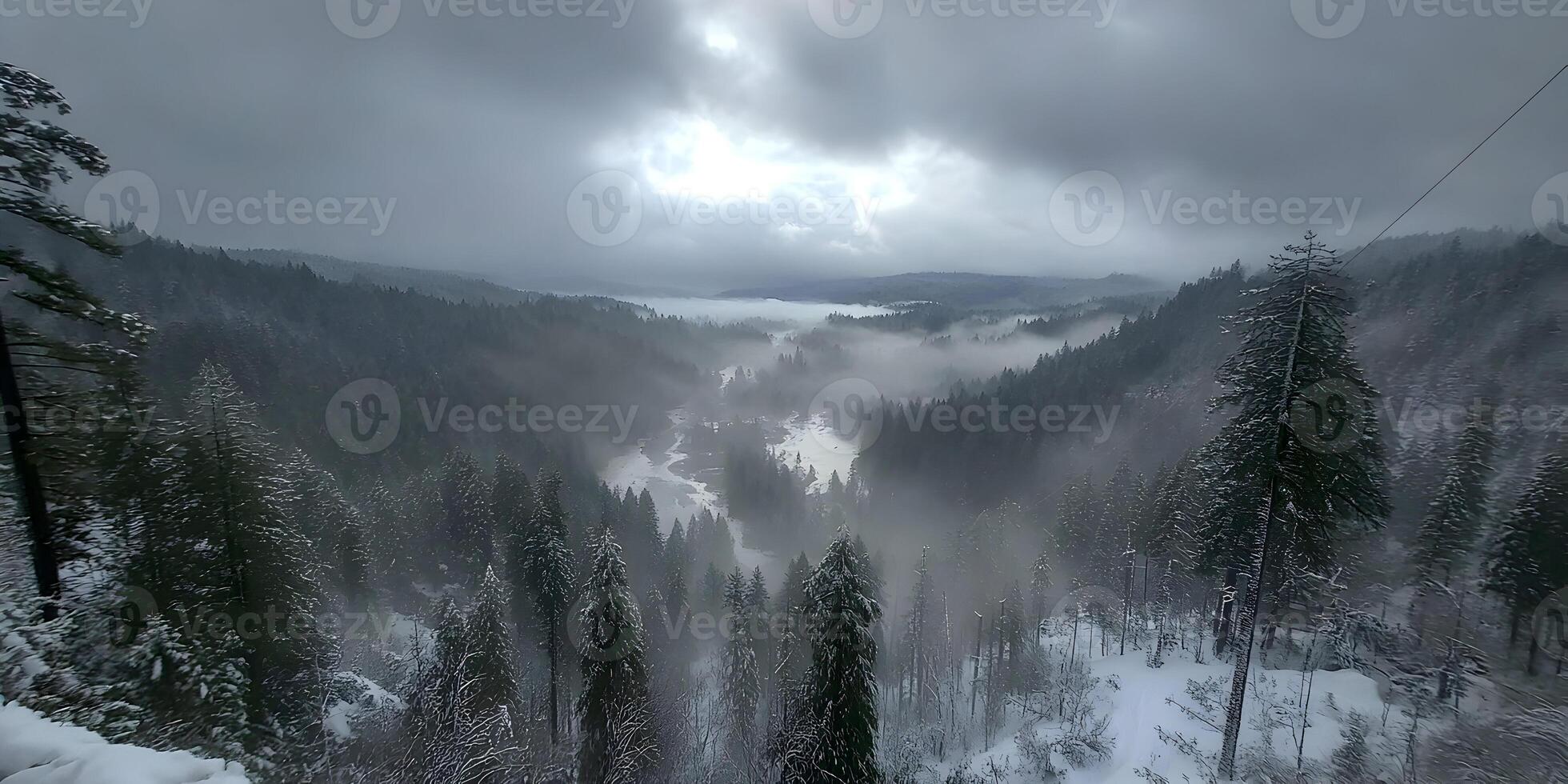 Snowy Mountain River Valley Fog Winter Landscape Scenery photo