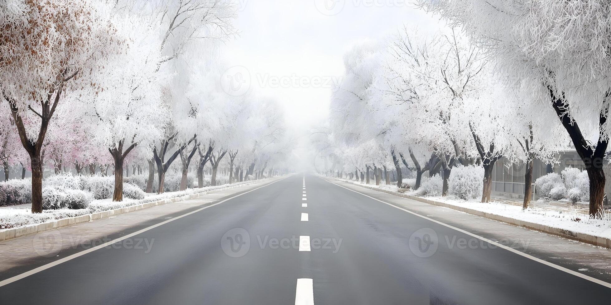 Winter Road Snow Covered Trees Frost Landscape Scene photo