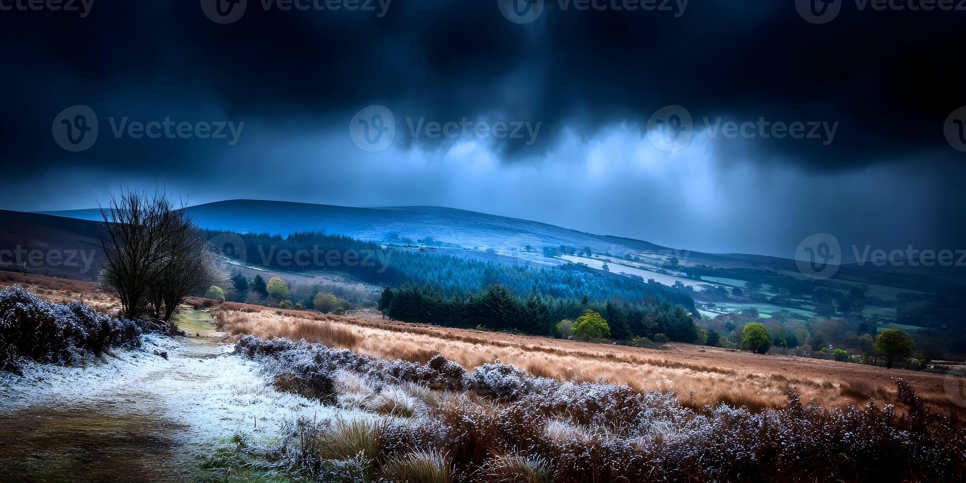 Frosty Path Through Moorland Under Dark Clouds Scenic Landscape photo