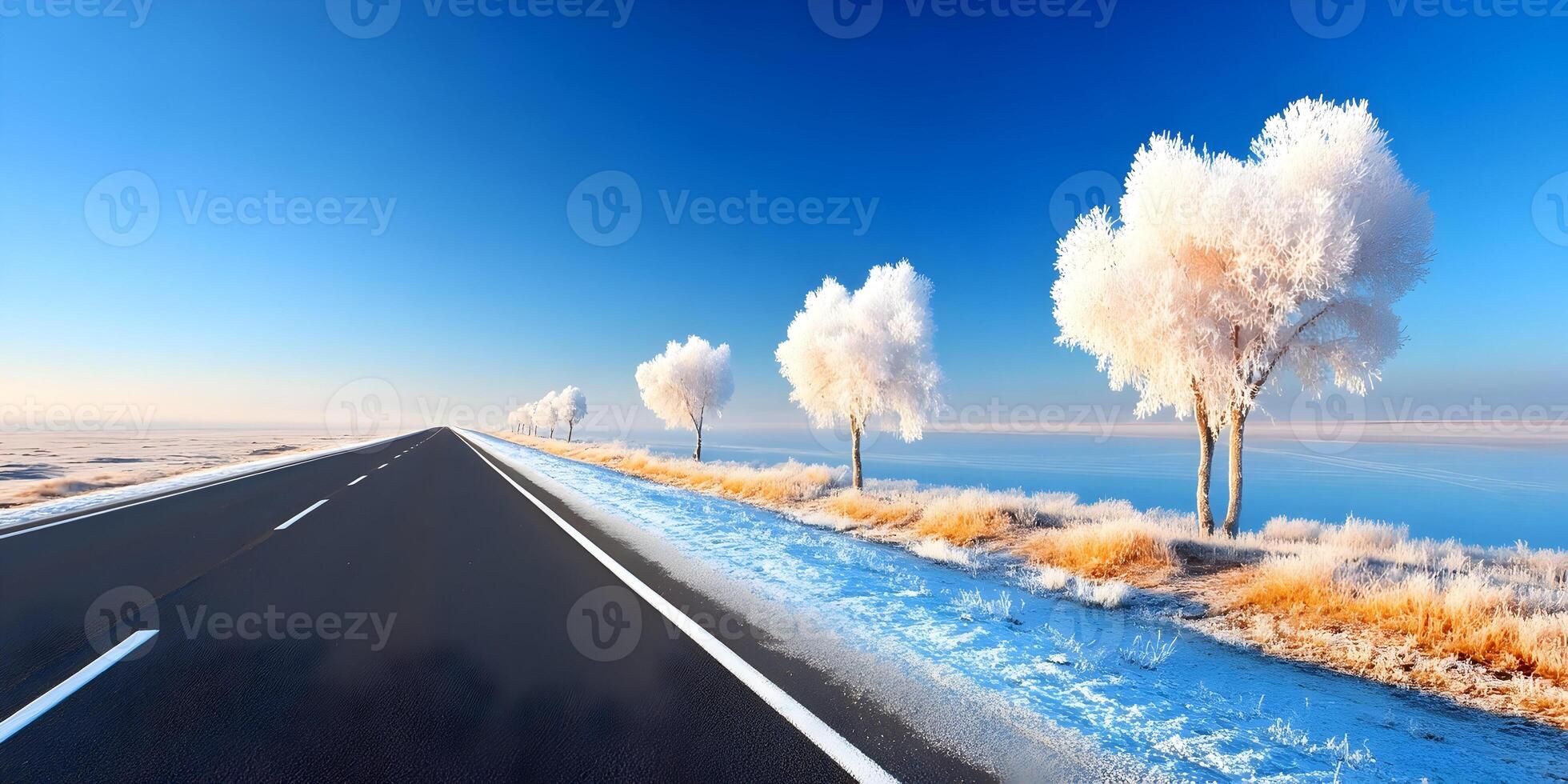 Winter Road Scene Frosty Trees Snowy Landscape Cold Weather Highway photo