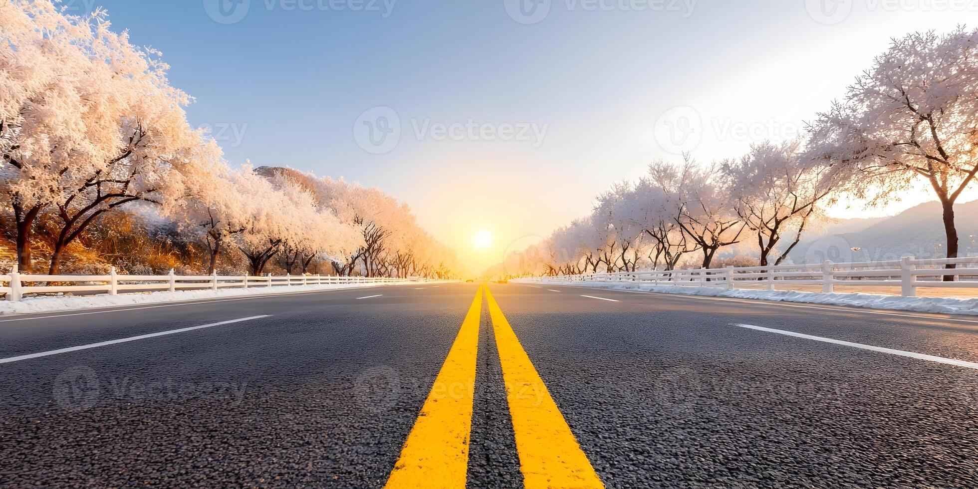 Winter Road Scene Snow Covered Trees Sunrise Asphalt Road photo