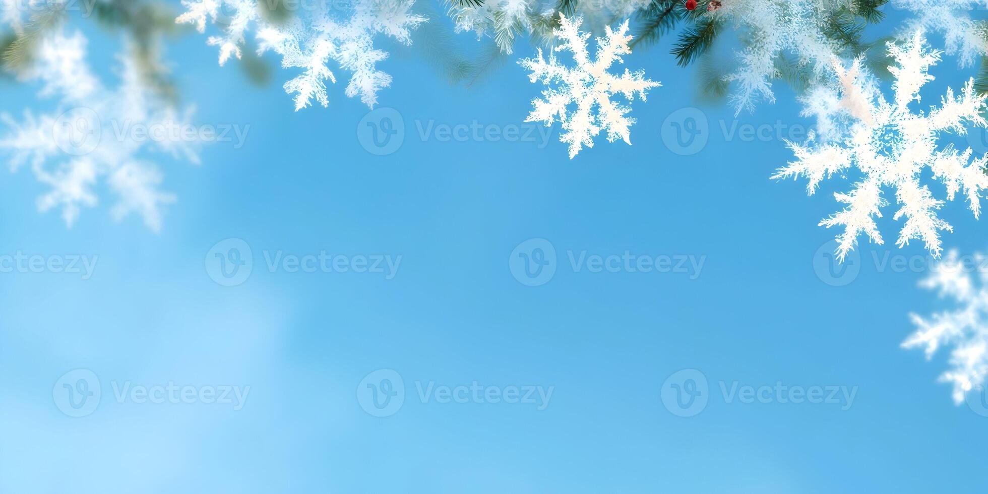 Winter Wonderland Scene with Snowflakes and Pine Branches on Blue Sky Background photo