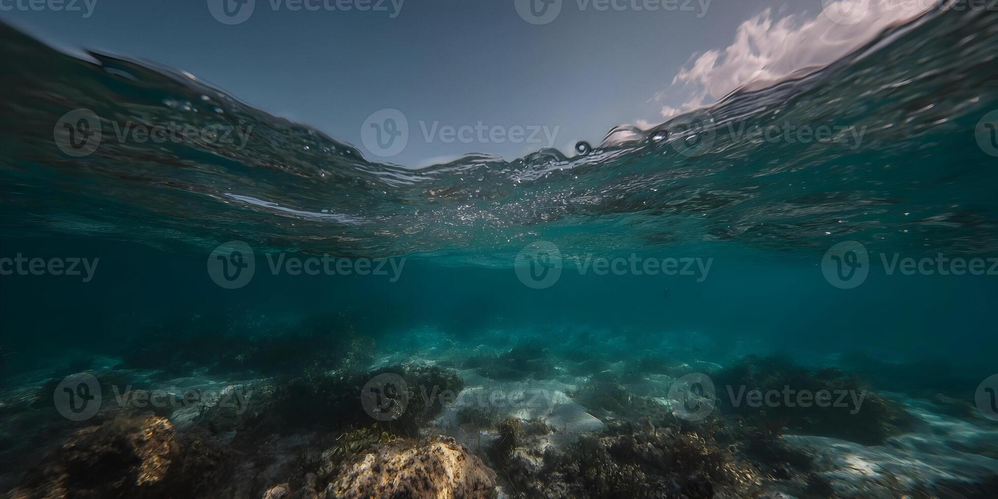 Underwater Ocean Scene Sunlight Seabed Rocks Algae photo
