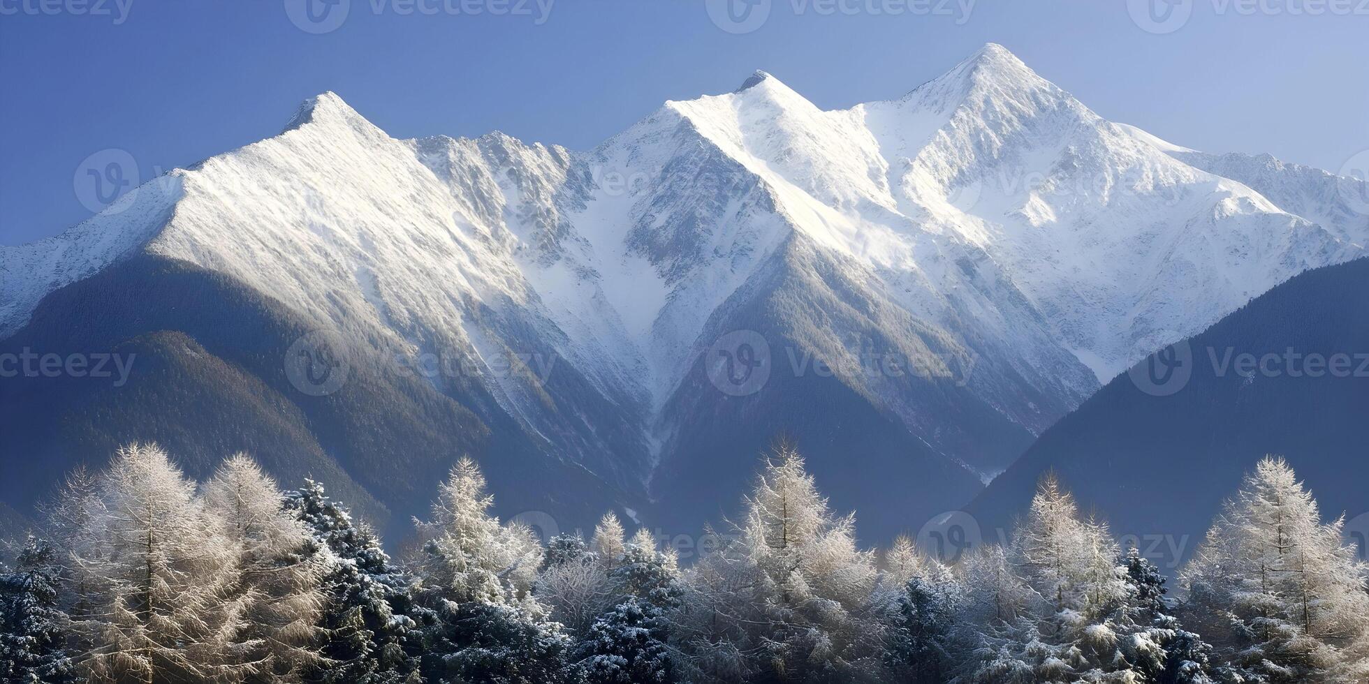 Snowcapped Mountain Range Winter Landscape with Snow Covered Trees photo