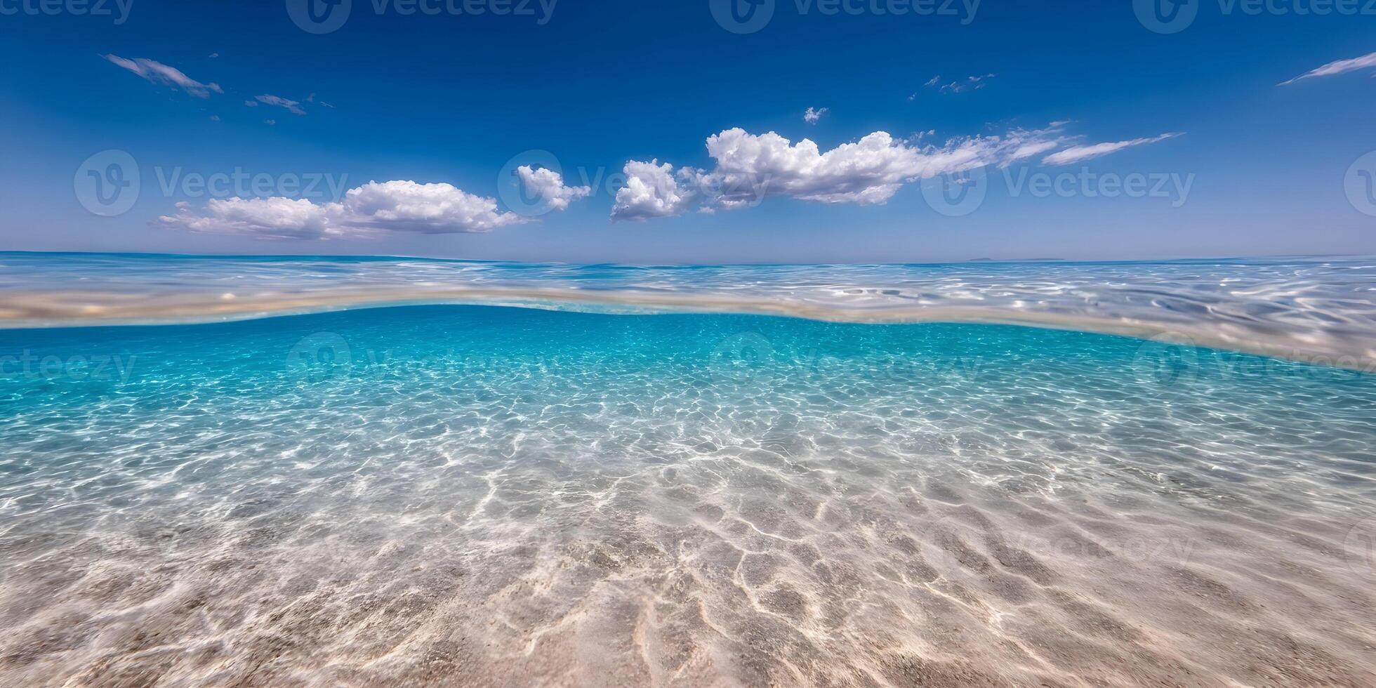 Underwater Ocean Scene Clear Blue Water Sandy Seabed Bright Sunny Day Clouds photo