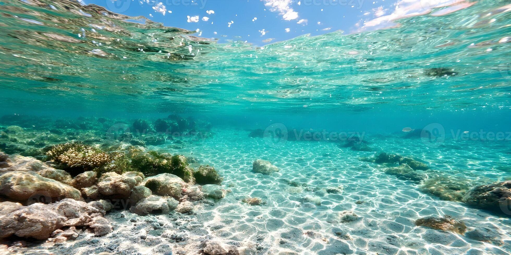 Underwater Scene Clear Turquoise Water Sandy Seabed Coral Reef Sunlight photo