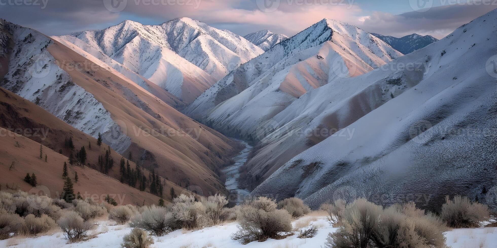 Snow Covered Mountains River Valley Landscape Winter Scenery photo