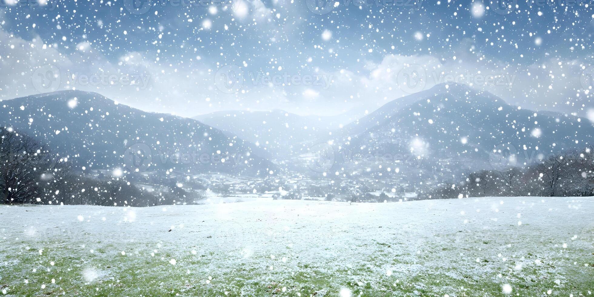 Snowy Landscape Mountains Winter Scene Snow Falling Field photo