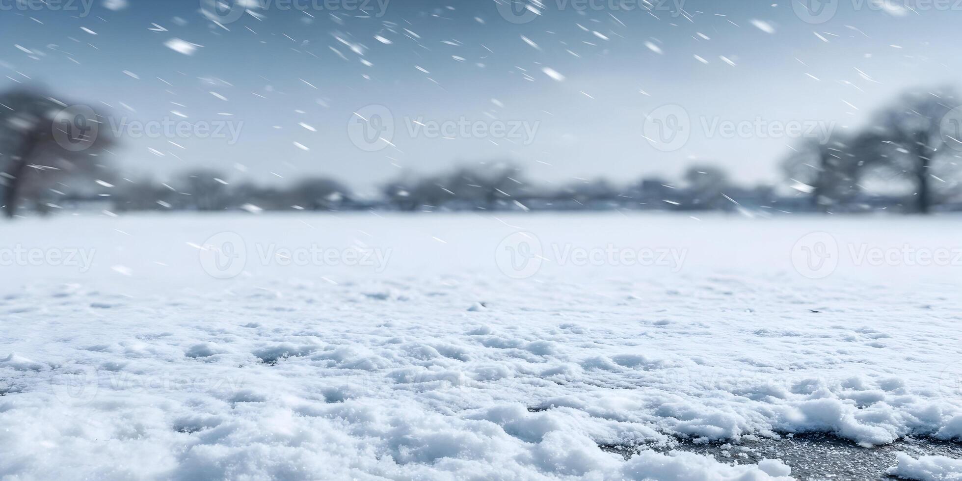 Snow Covered Ground Winter Scene Snowflakes Falling Background photo
