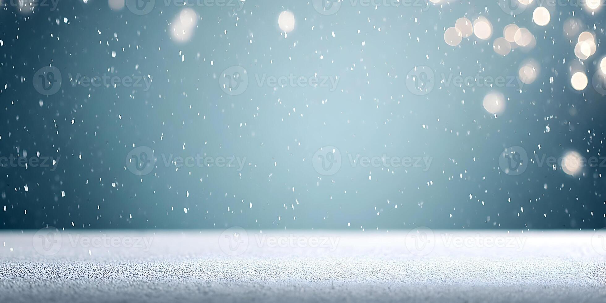 Winter Snowfall Scene Snowy Surface Background Teal Bokeh Lights photo