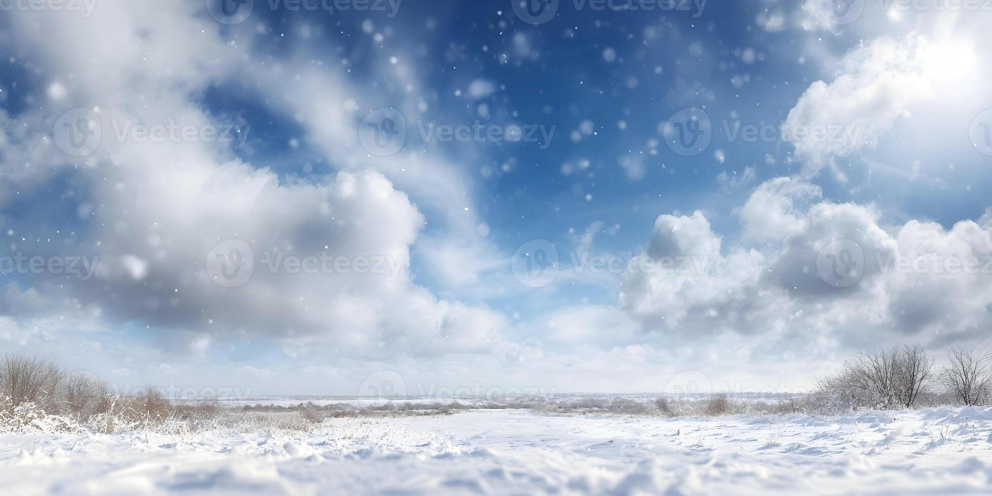Snowy Landscape Winter Scene Bright Sky Snow Falling Frozen Field photo