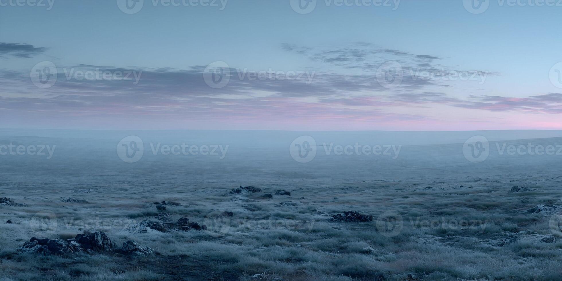 Misty Morning Landscape Frozen Grassland Rocks Soft Pink Sky Sunrise photo