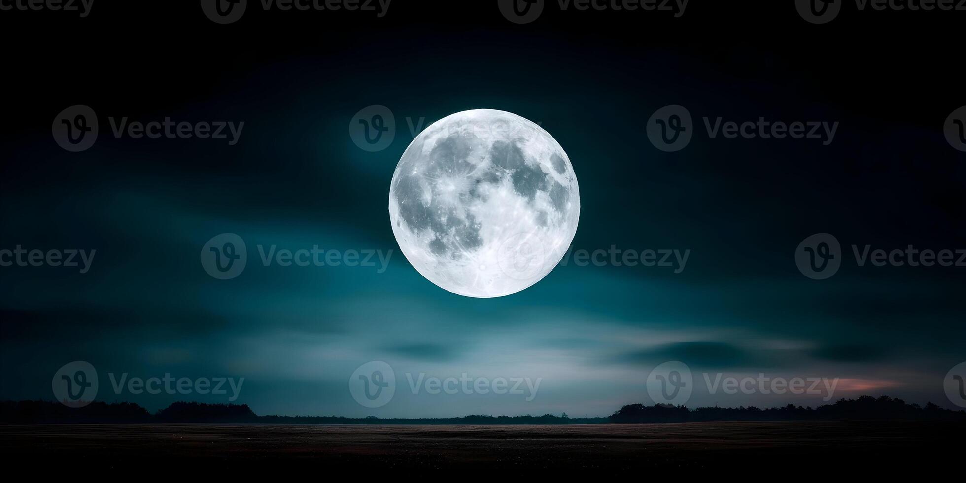 Large Full Moon over Dark Field at Night Dark Blue Sky photo