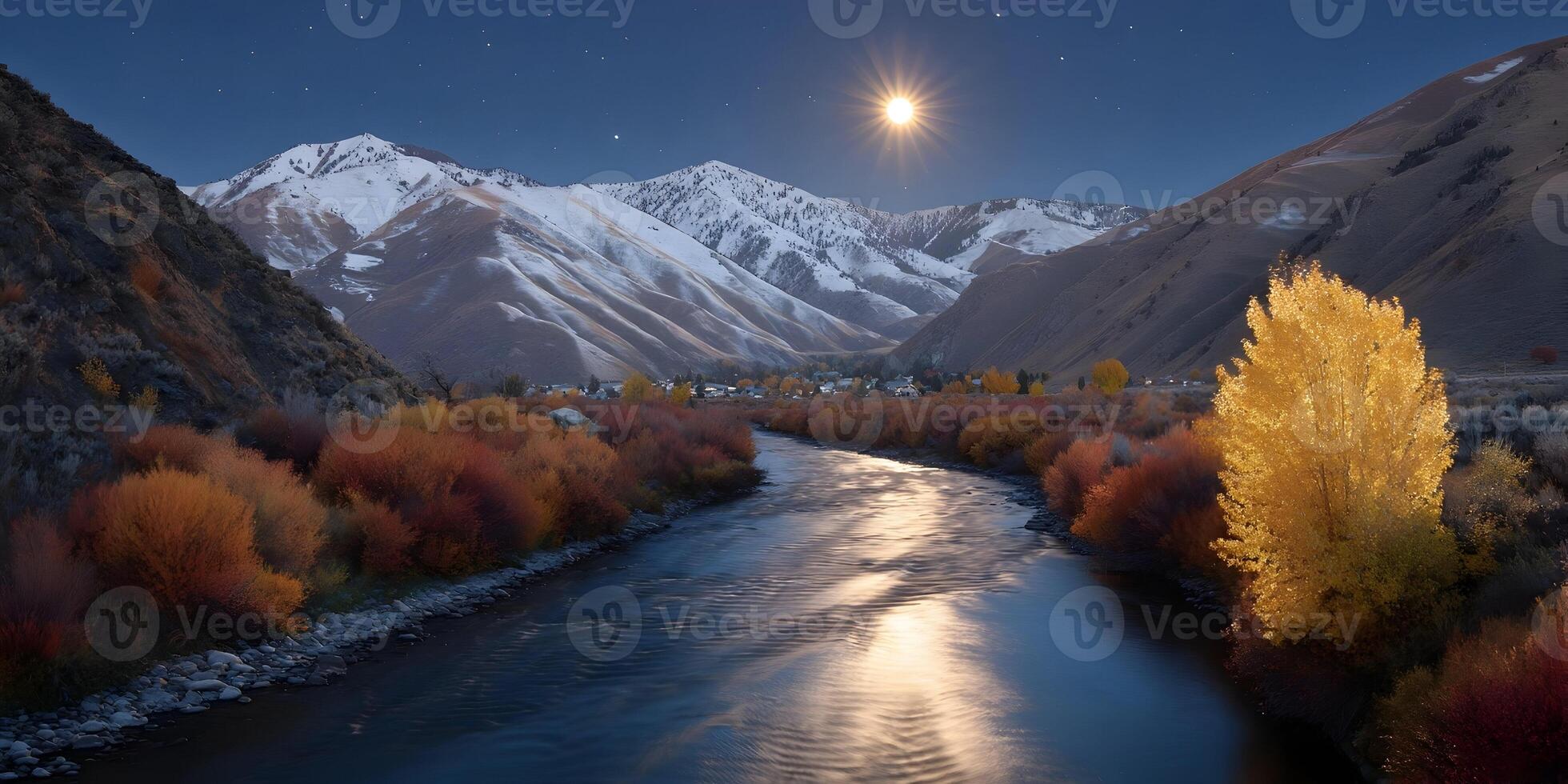 Autumn River Landscape Snowcapped Mountains Moonlit Nightfall Colorful Trees photo