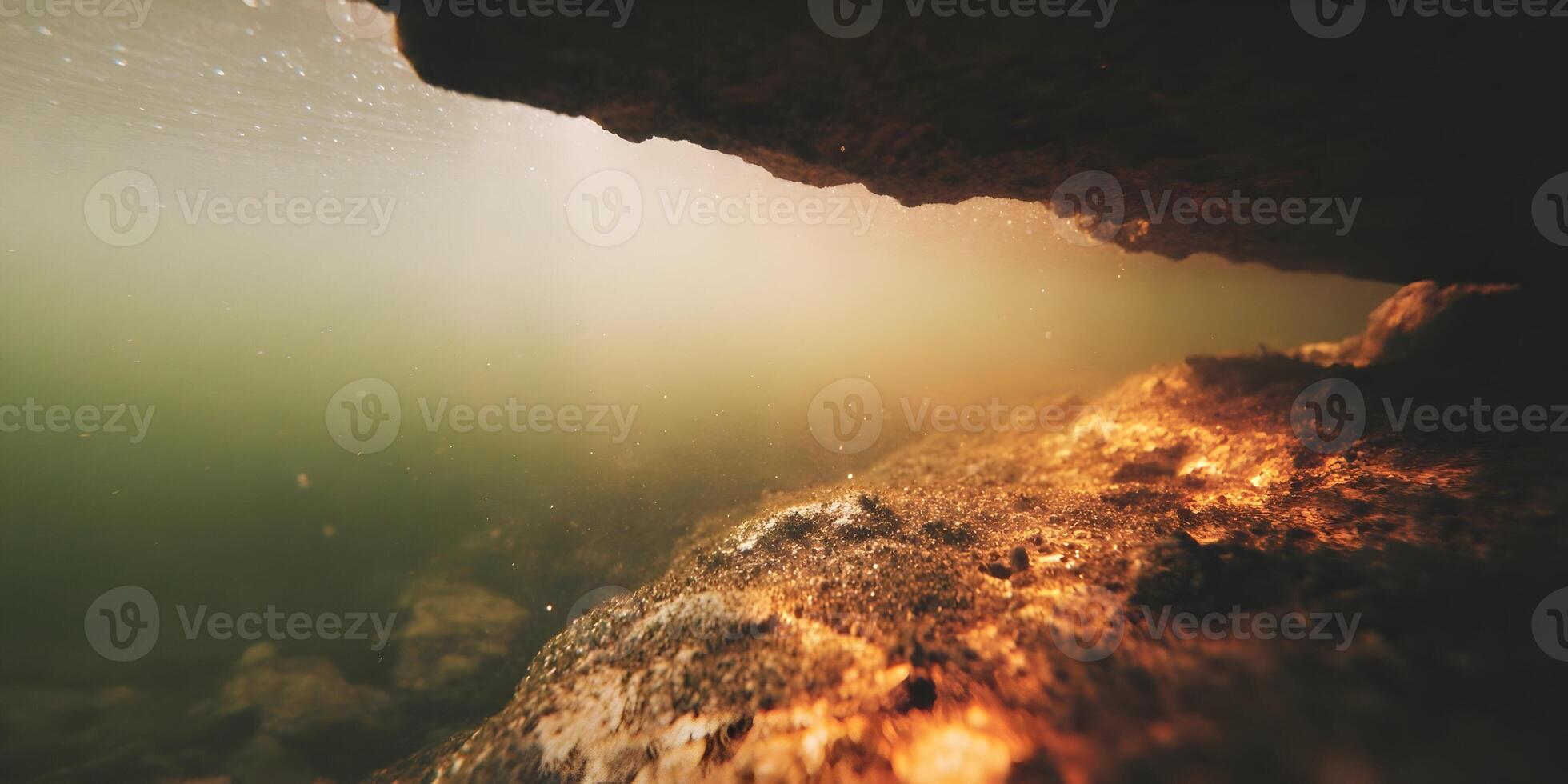 Underwater Cave Scene Sunbeams Rocks Sunlight Green Water photo