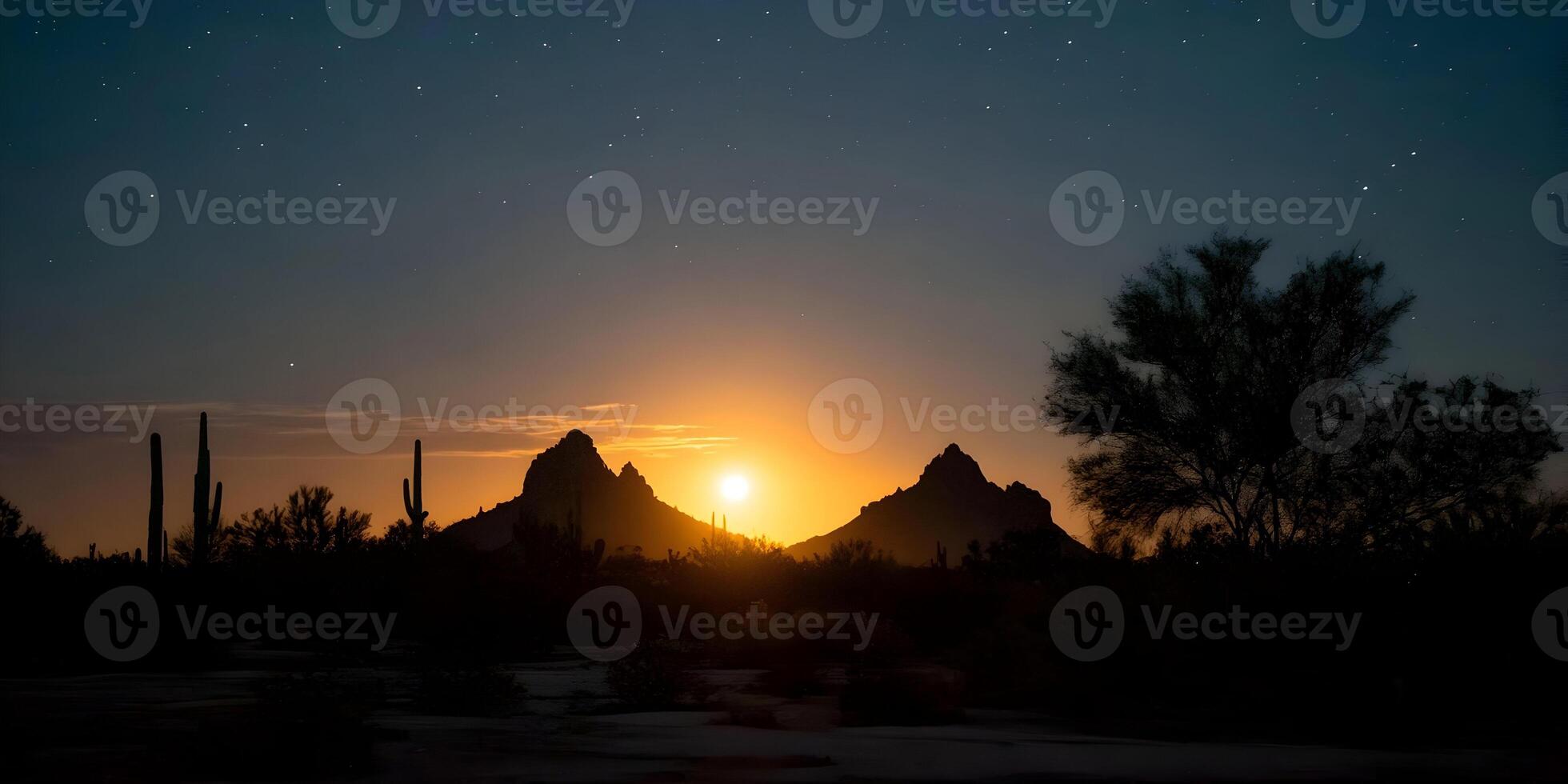 Desert Mountains Silhouette Sunrise Moonrise Starry Night Sky Cactus Landscape photo