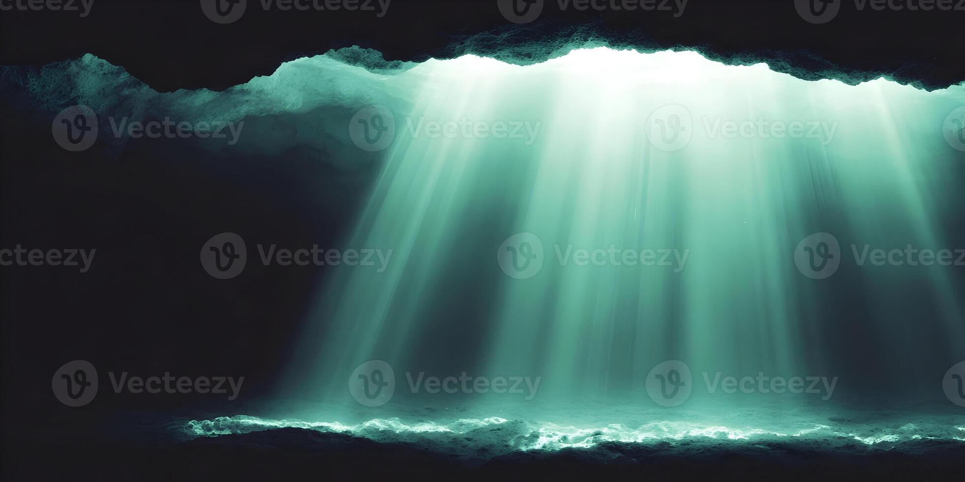 Dark Underwater Cave Scene Light Rays Ocean Floor photo