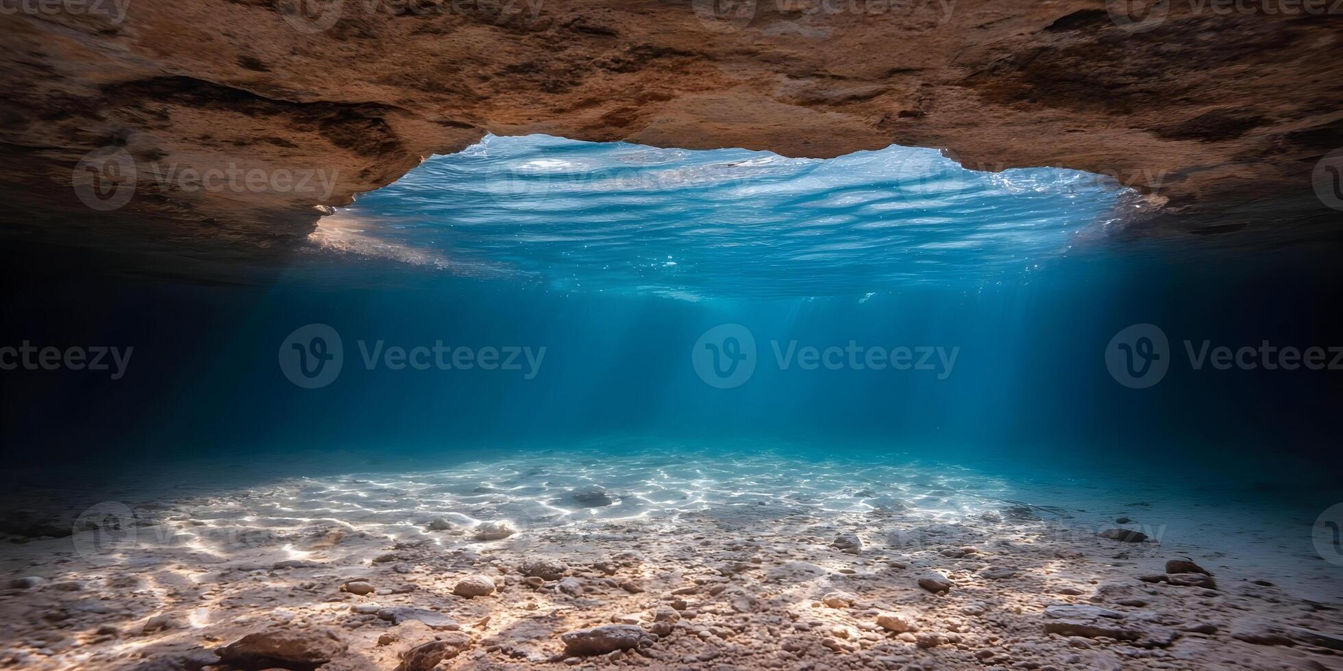 Underwater Scene Sunbeams Stone Bottom Ocean Cave photo
