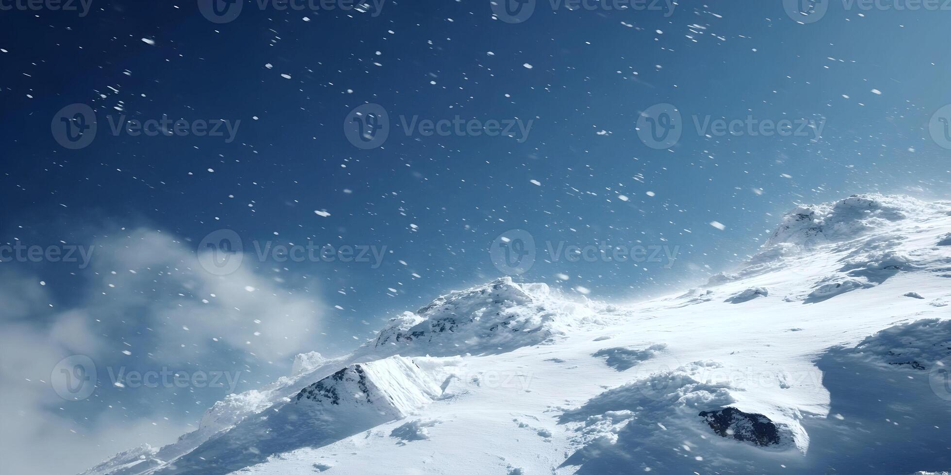 Snowy Mountain Peak Winter Blizzard Scene Snow Falling Landscape photo
