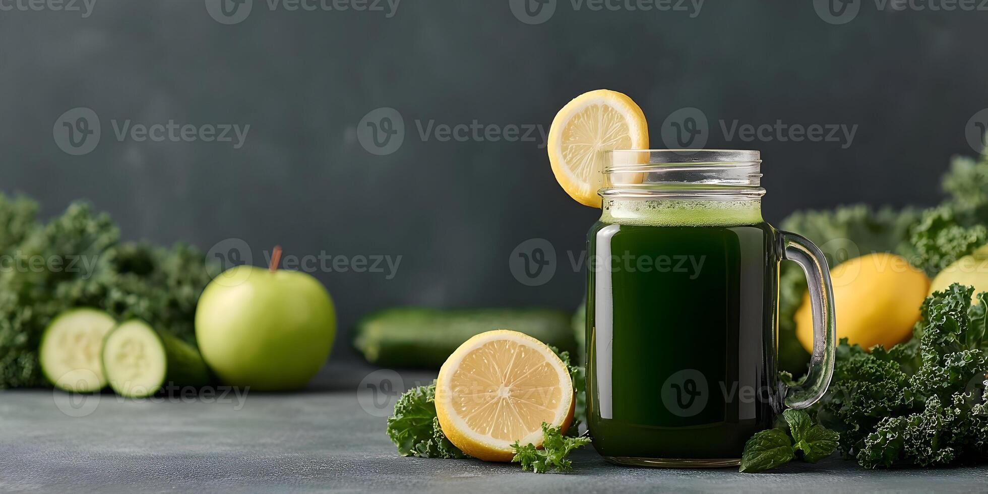 Green Detox Juice Mason Jar with Kale Lemon Cucumber Apple photo