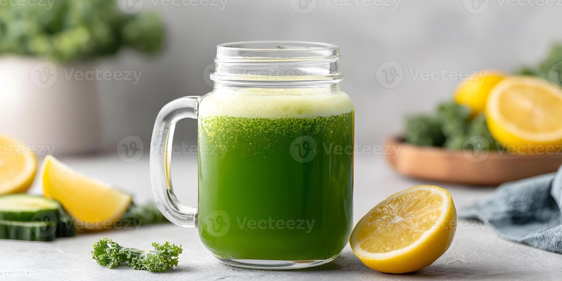 Green Detox Juice Mason Jar Lemon Kale Cucumber Healthy Drink photo