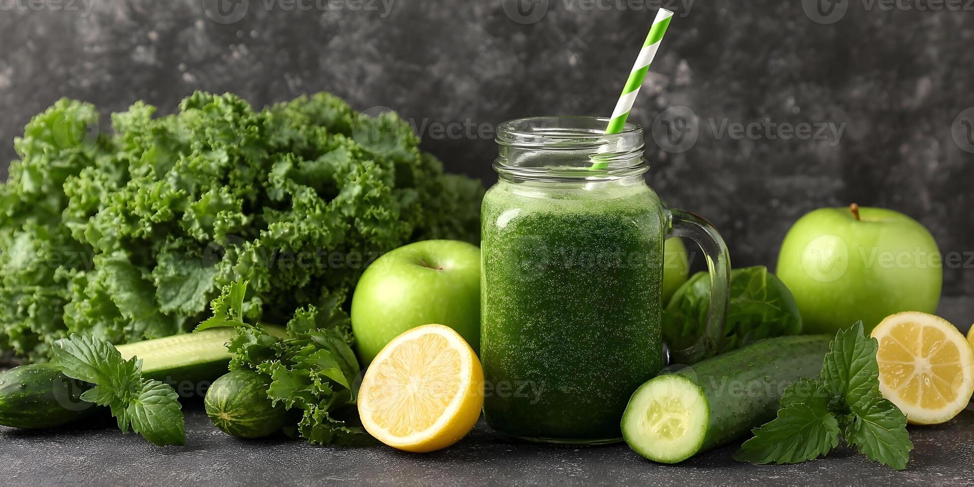 Green Smoothie Ingredients Mason Jar Apples Lemons Cucumber Kale photo