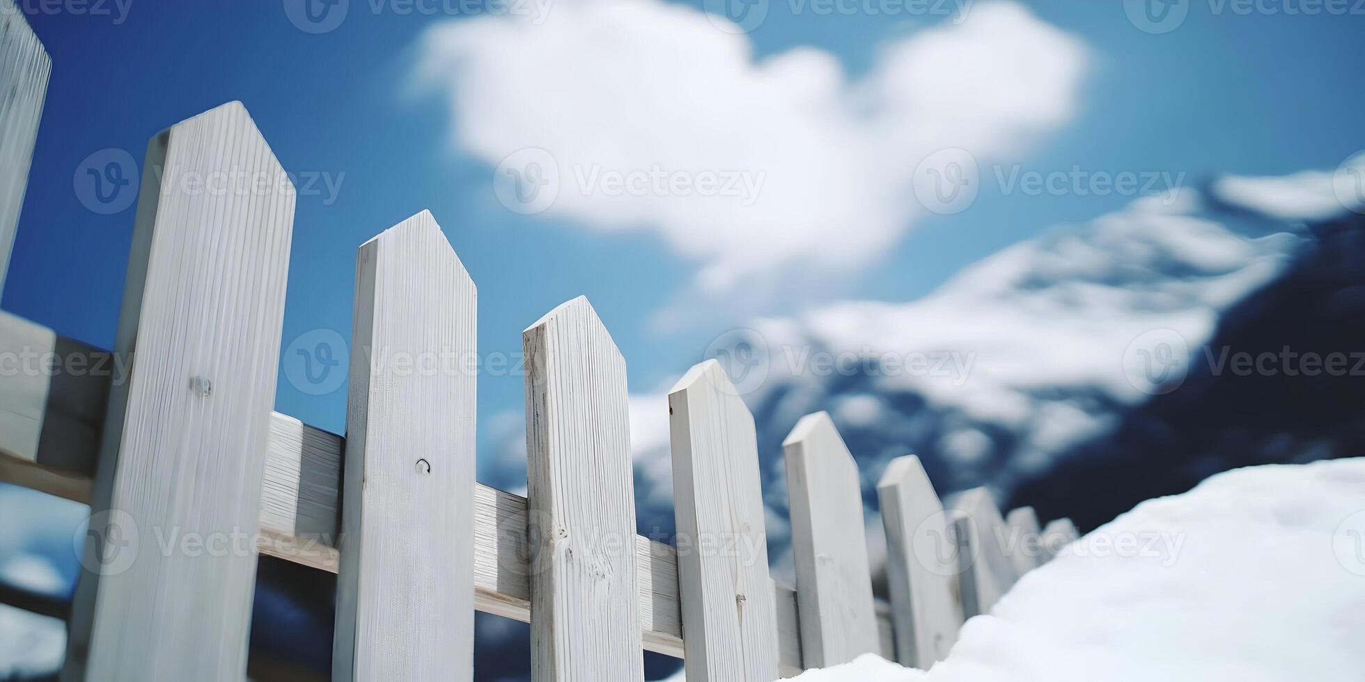White Picket Fence Snowy Mountain Landscape Winter Scene photo