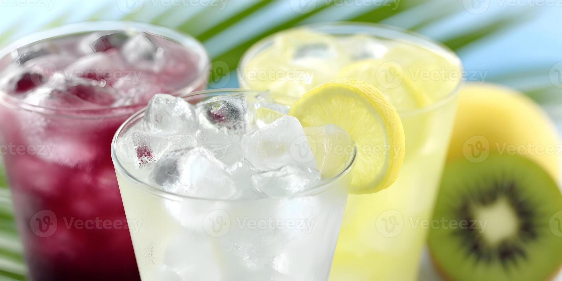 Three Glasses Refreshing Iced Summer Drinks Cranberry Lemon Kiwi photo