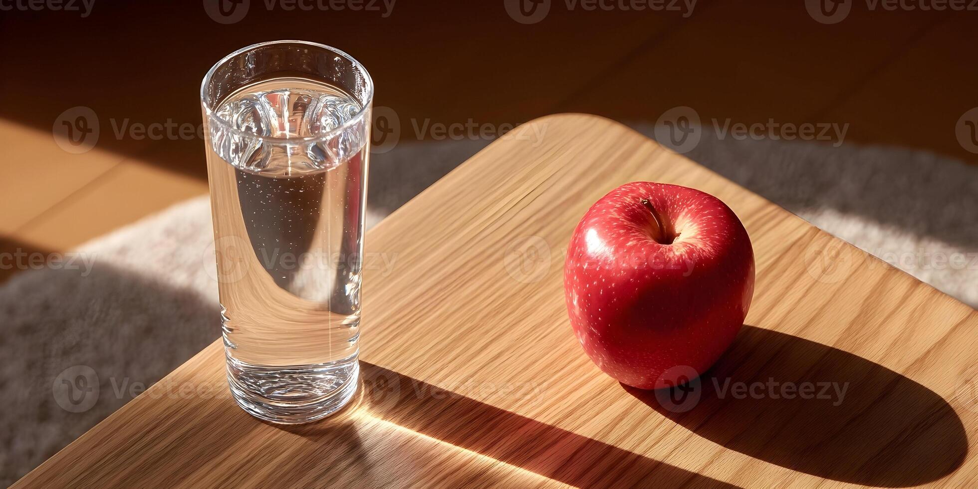 Glass of Water and Red Apple on Wooden Table in Sunlight photo