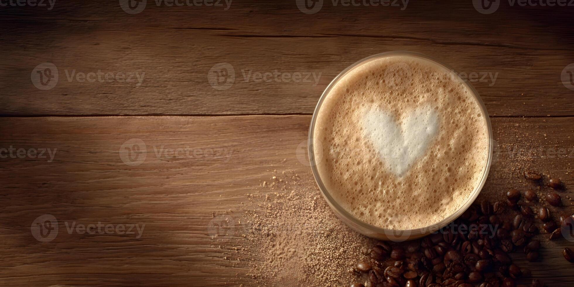 Latte Coffee with Heart Shape in Foam on Wooden Table with Coffee Beans photo
