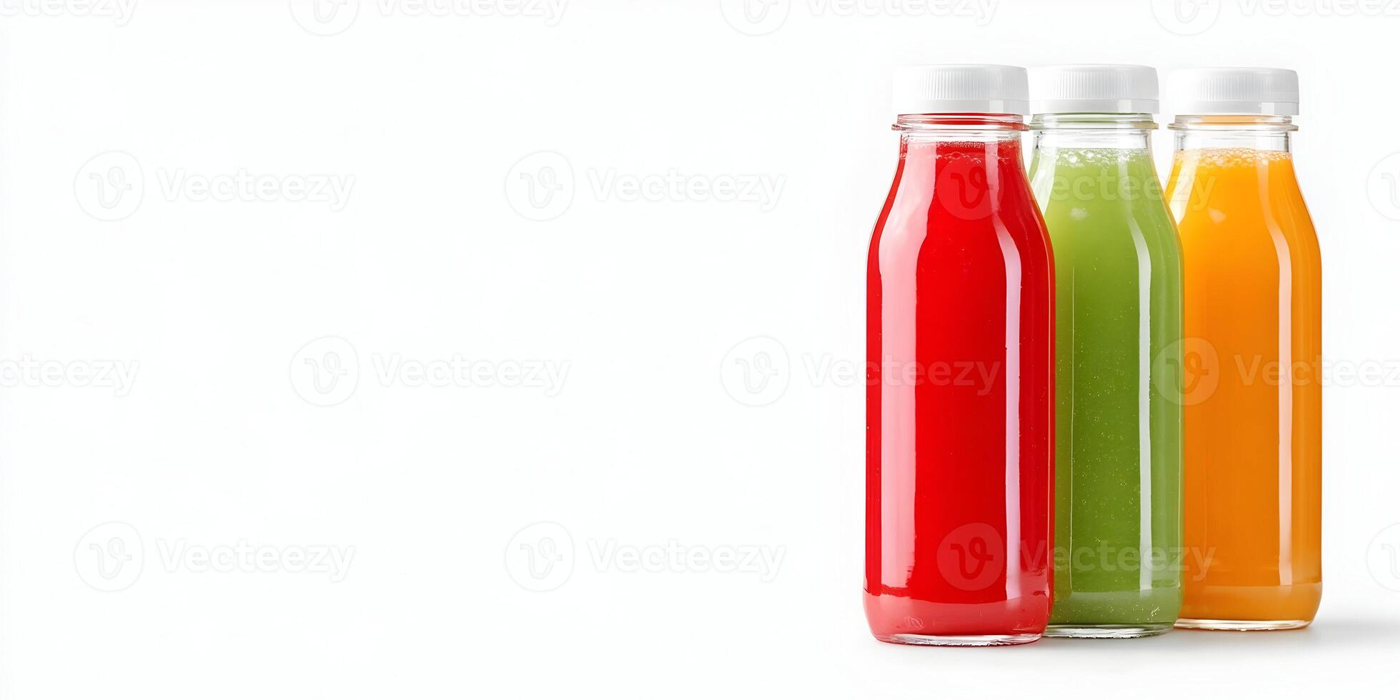 Three Bottles of Juice Red Green Orange Smoothies Healthy Drinks Refreshing Beverages photo