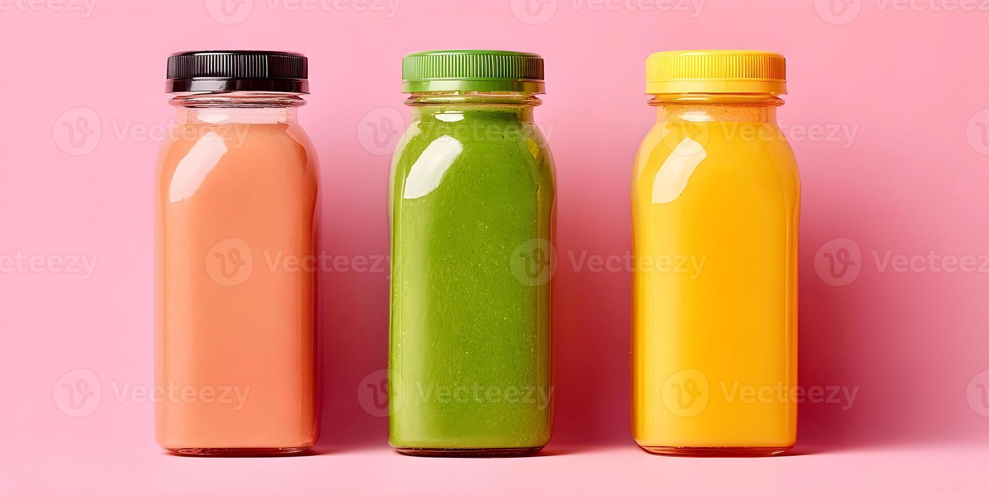 Three Bottles of Juice Pink Green Orange Smoothies Healthy Drinks Refreshing Beverages photo