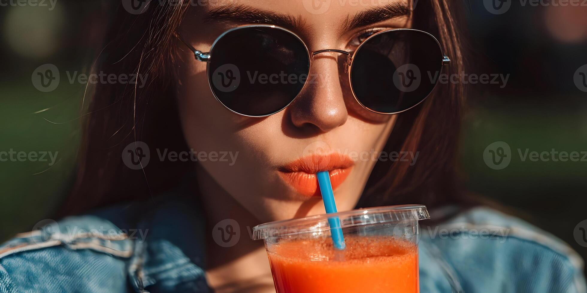 Woman with Brown Hair Wearing Round Sunglasses Drinks Orange Juice Outdoors photo