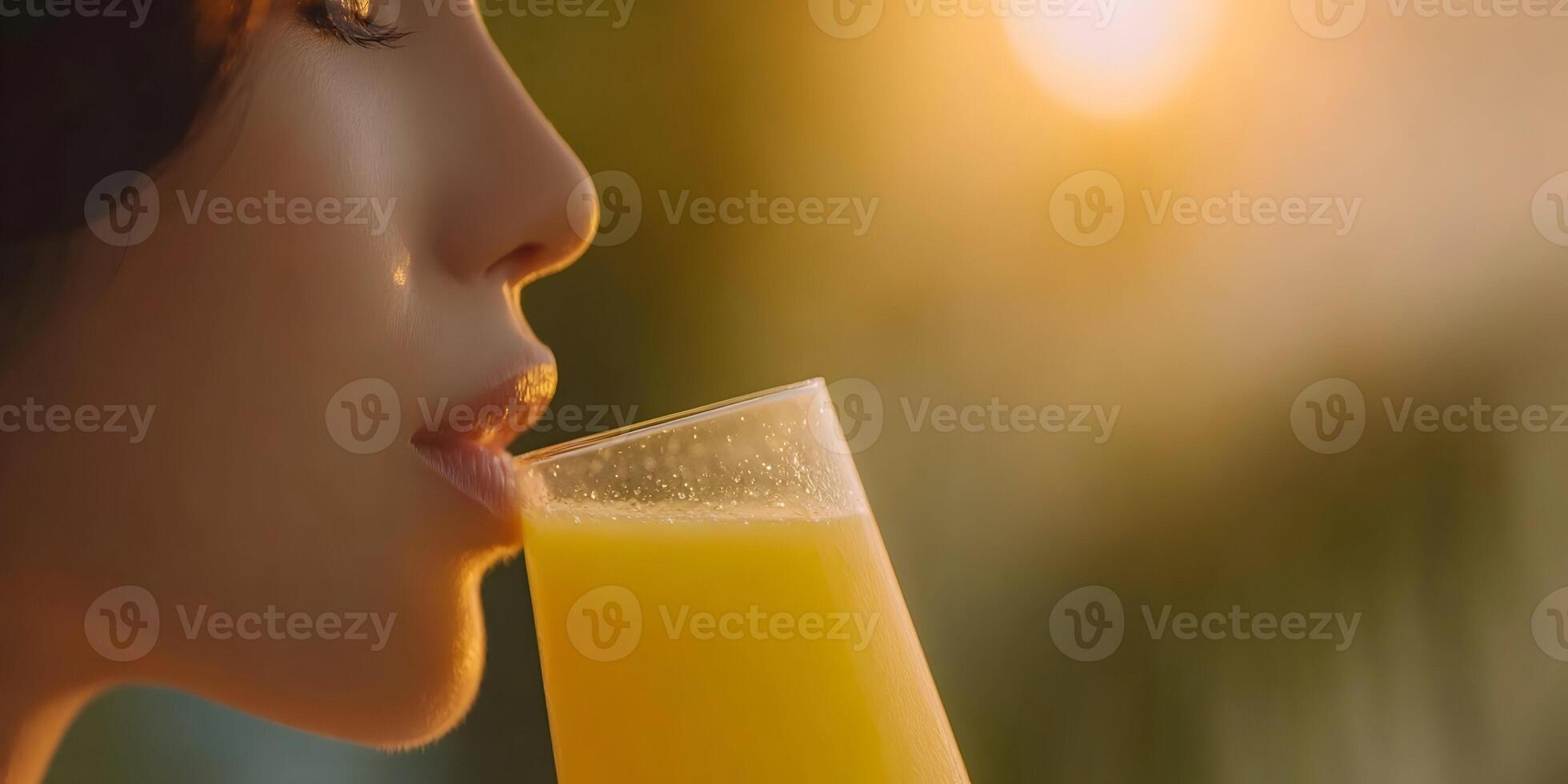 Woman Drinking Orange Juice at Sunset Closeup photo