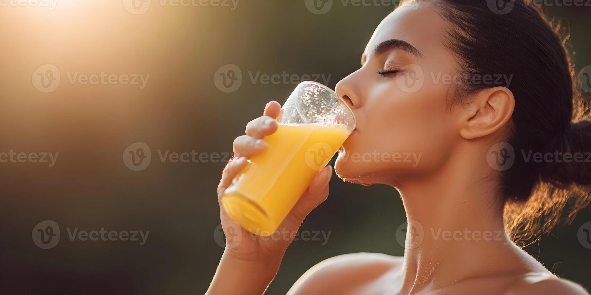 Woman Drinking Orange Juice Outdoors Summer Sunlit Skin photo