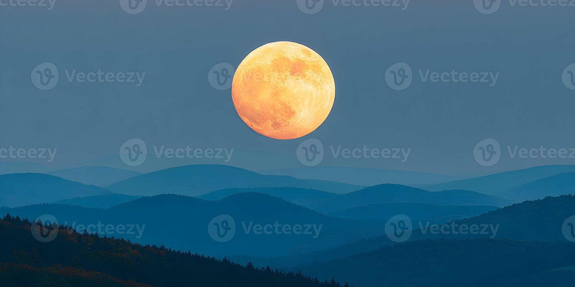 Large Orange Full Moon Over Blue Mountains Landscape photo